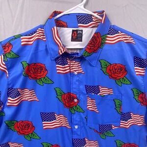 OAF Nation American Flag Rose Button Down Shirt Mens 2XL Blue Stretch Patriotic